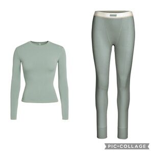 Skims Cotton Rib Leggings and Cotton Jersey Long-Sleeve T-Shirt in Mineral